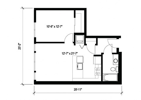 Floor plan for 1 bed, 1 bath, 583 sqft